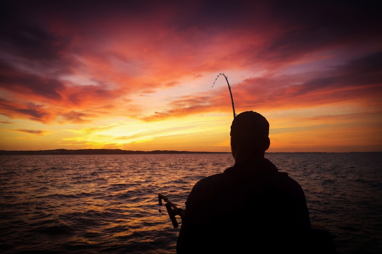 Mirrored angler silhouette at sunset